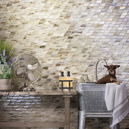 Laundry room wall with Lapis Pulse pattern in Flicker Pearl by Lunada Bay Tile