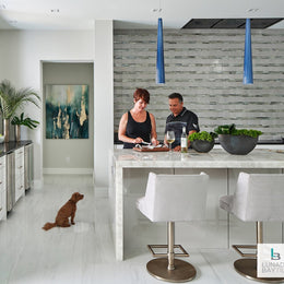 Mixed Media Glass & Ceramic striped wall with Luce Fin in Sugar Cake Pearl and Shinju Mirai Zen Garden in Moonstone